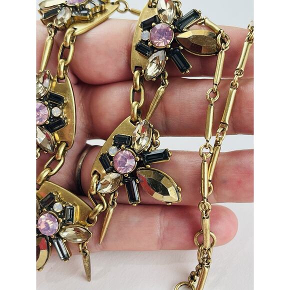 J. Crew Gold Tone Rhinestones Pink Spike Dangles Necklace Smoky Black White Flor - Picture 8 of 16